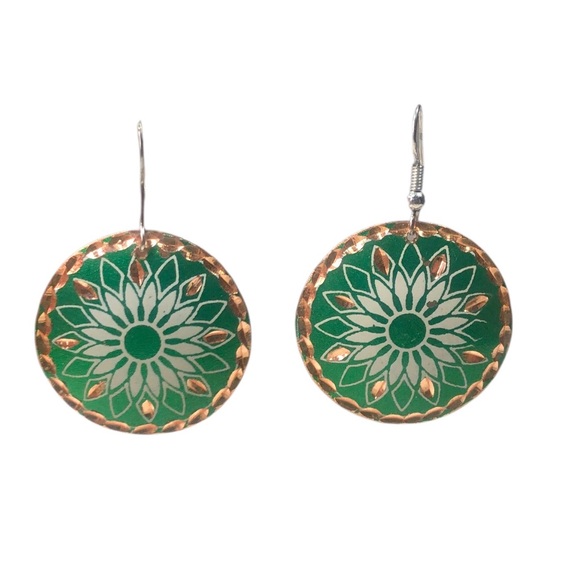 Jewelry - green flower mandala disc metal shield drop earrings boho festival